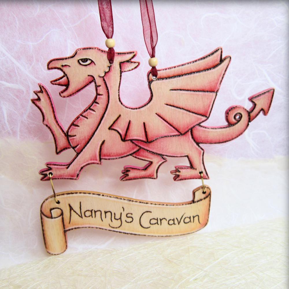 Welsh wooden dragon with personalised scroll - pyrographed