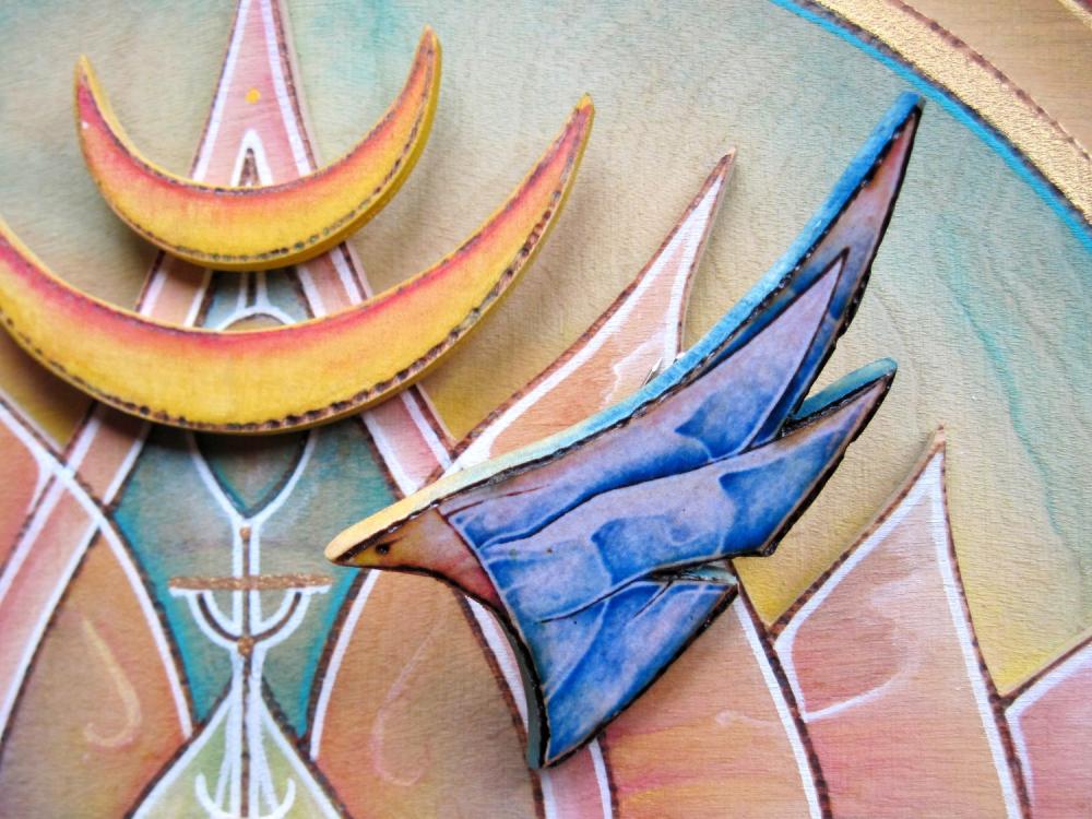 Blue Starbird wooden brooch - pyrography, decoupage, dreams