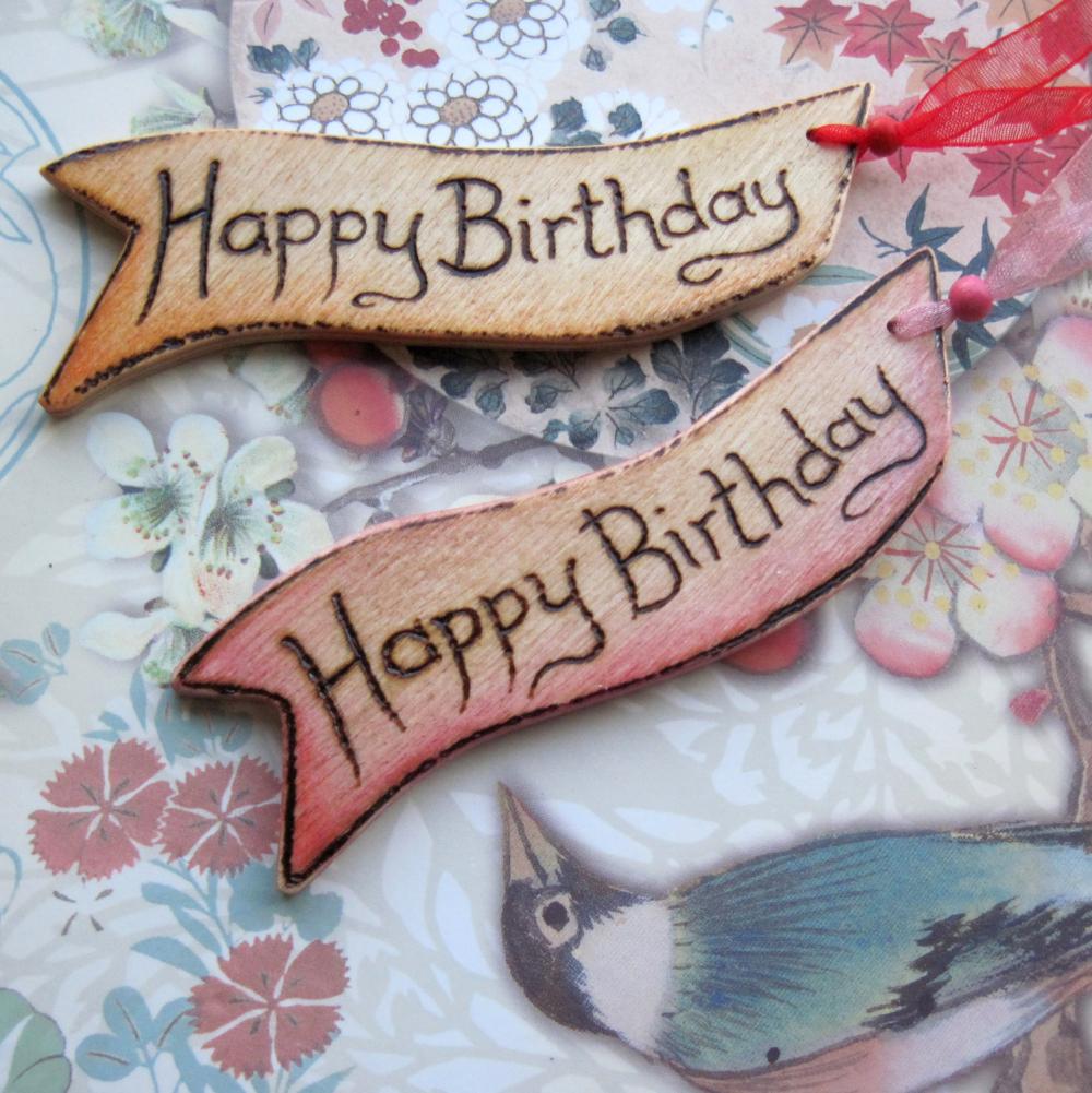 Happy Birthday WOODEN gift tags - hand painted and wood burnt ....