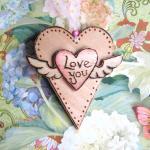 LOVE YOU wooden winged heart - wood burnt, hand painted, ready to hang