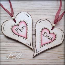 Mum and Dad wooden hearts - pyrographed and personalised